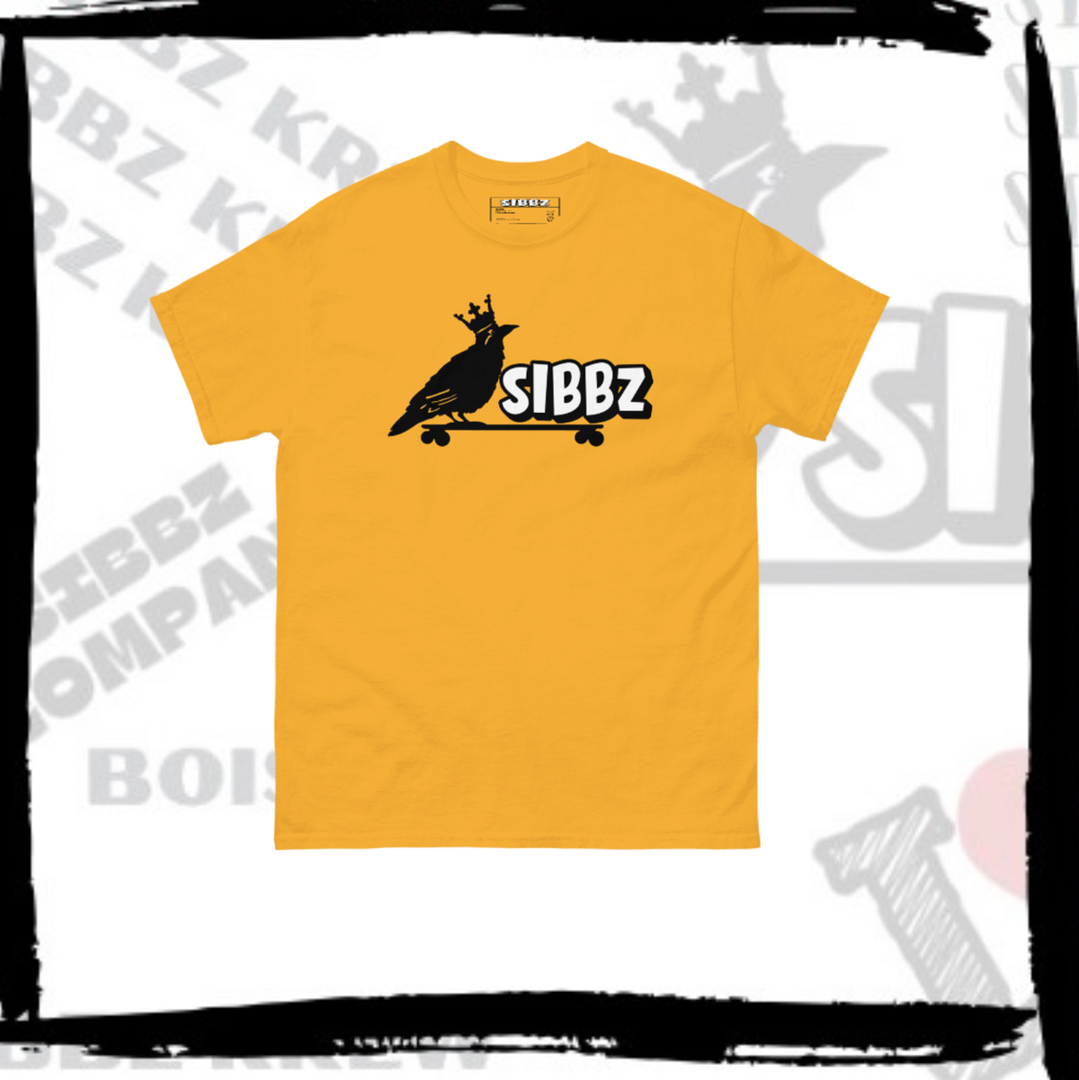A yellow crewneck t-shirt featuring a black graphic of a bird on a skateboard with the text 'SIBBZ' in white outlined in black, displayed on a white background with a black border.